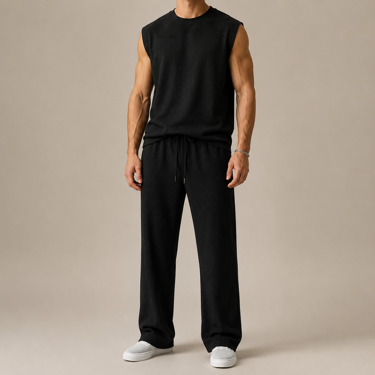 Women's Rib-Knit Sleeveless Top & Wide-Leg Pants Set – fabric detail | Hensley London