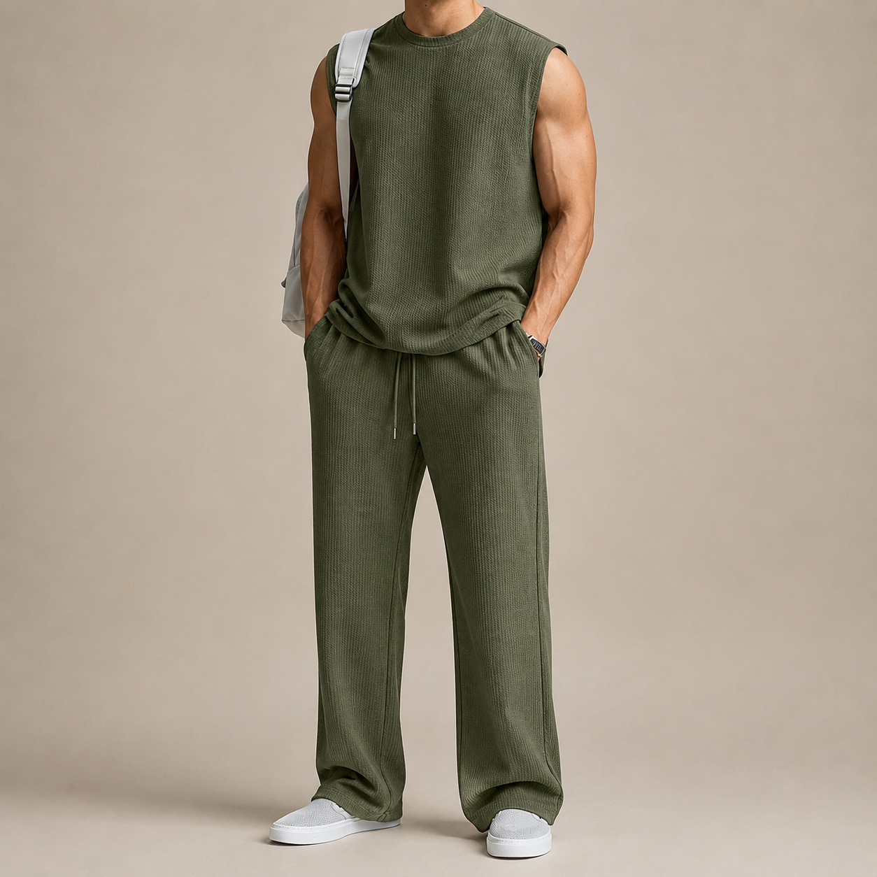 Women's Rib-Knit Sleeveless Top & Wide-Leg Pants Set – full-length view | Hensley London