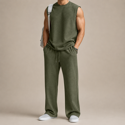 Women's Rib-Knit Sleeveless Top & Wide-Leg Pants Set – full-length view | Hensley London