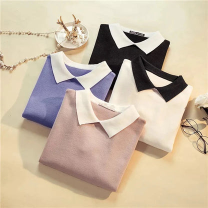 Slim Fit Turn-Down Collar Knitted Long Sleeve Sweaters 2