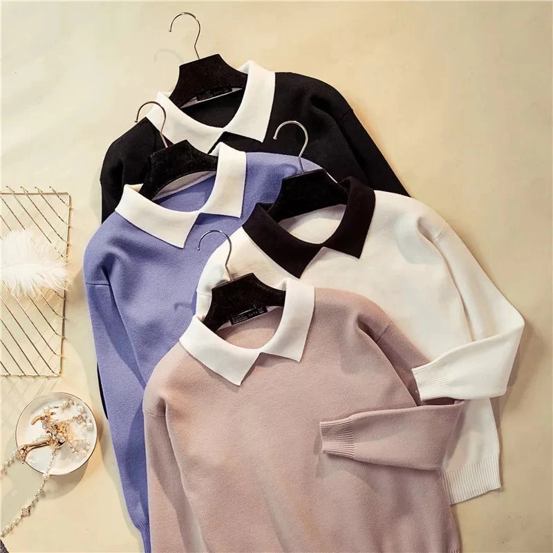 Slim Fit Turn-Down Collar Knitted Long Sleeve Sweaters 3