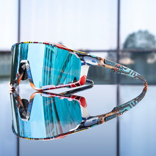 Women's Polarized Sport Wrap Sunglasses in Graffiti Wave – front view | Hensley London