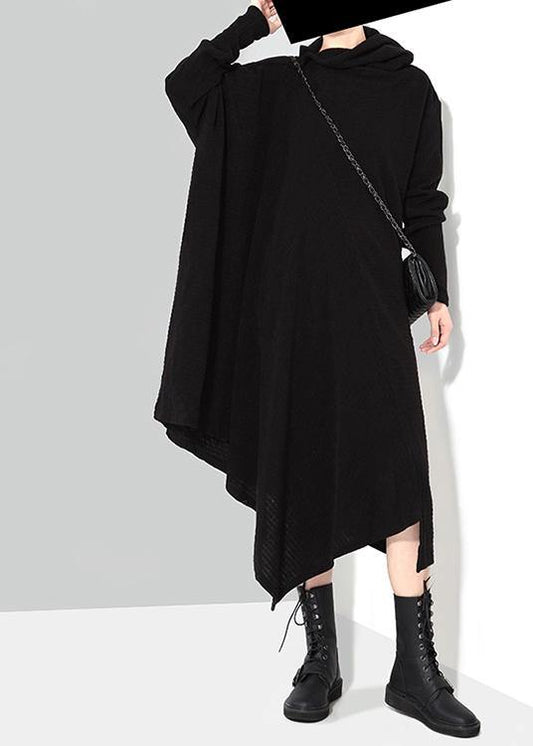Women's Sweater Dress Black Cotton Blend Asymmetric - 1