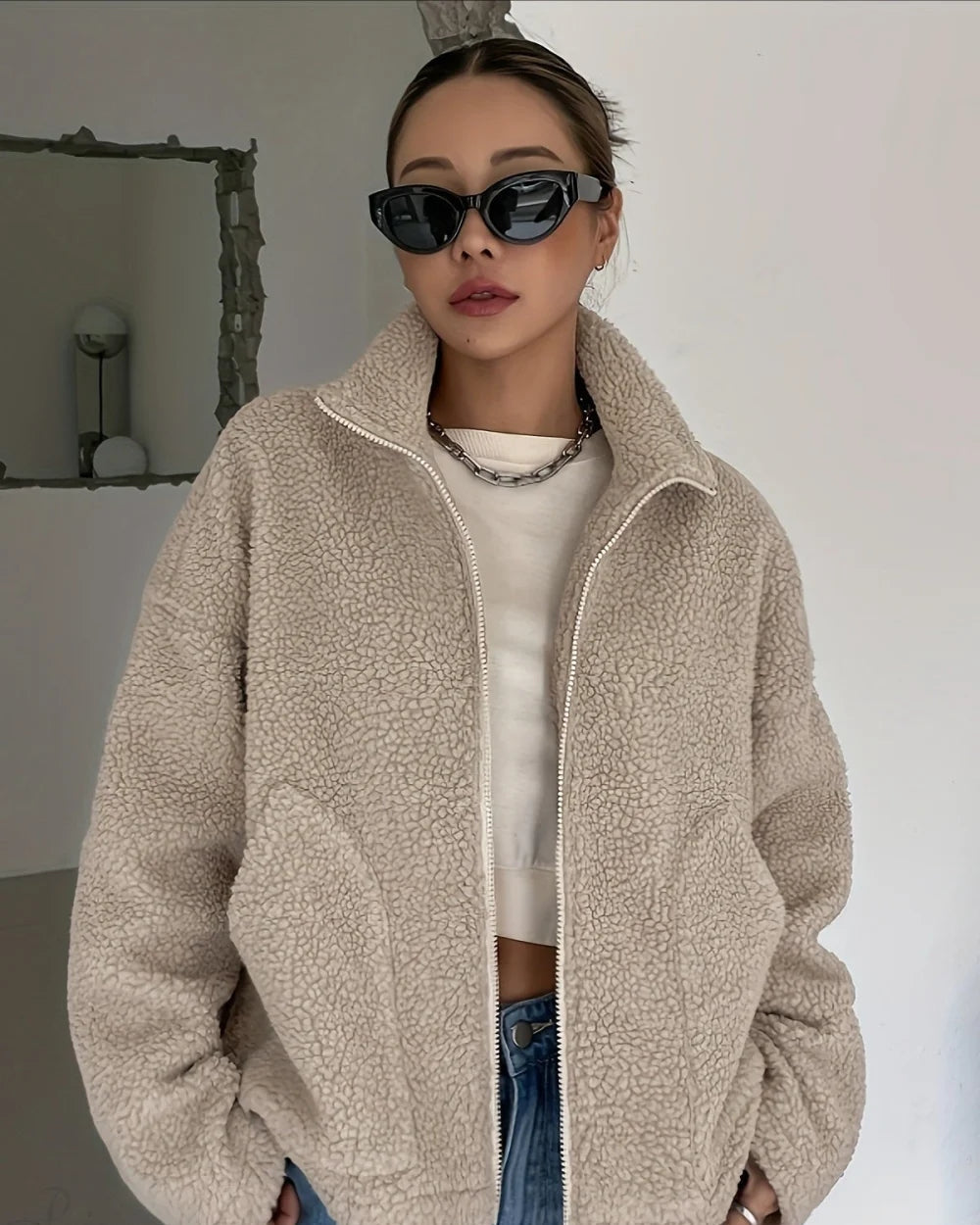 Ravi Women's High Neck Jacket | Relaxed Fit, Shearling 1