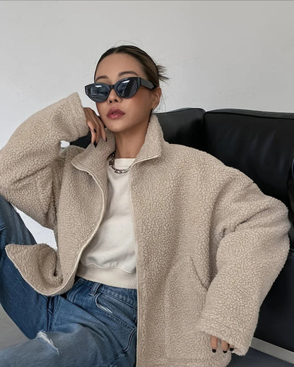 Ravi Women's High Neck Jacket | Relaxed Fit, Shearling 2