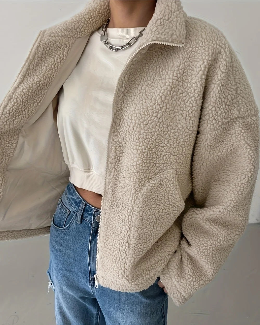 Ravi Women's High Neck Jacket | Relaxed Fit, Shearling 3