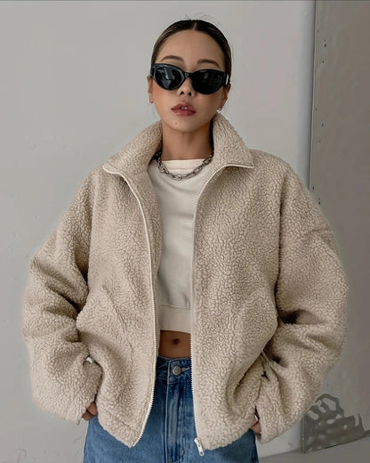 Ravi Women's High Neck Jacket | Relaxed Fit, Shearling 4