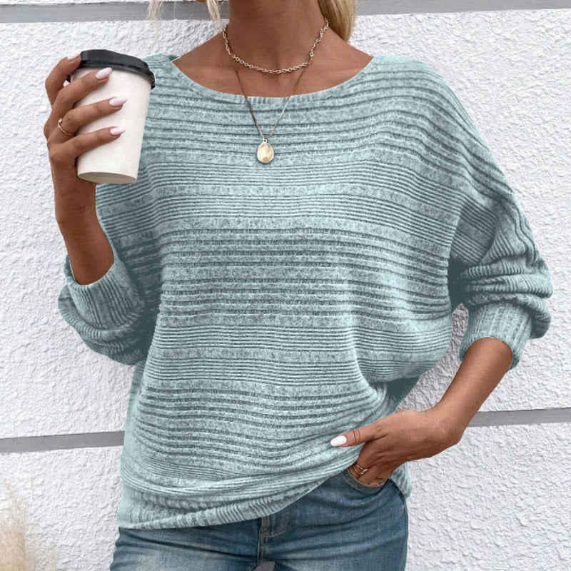 Women's Textured-Stripe Round-Neck Pullover in Light Blue – Product view | Hensley London