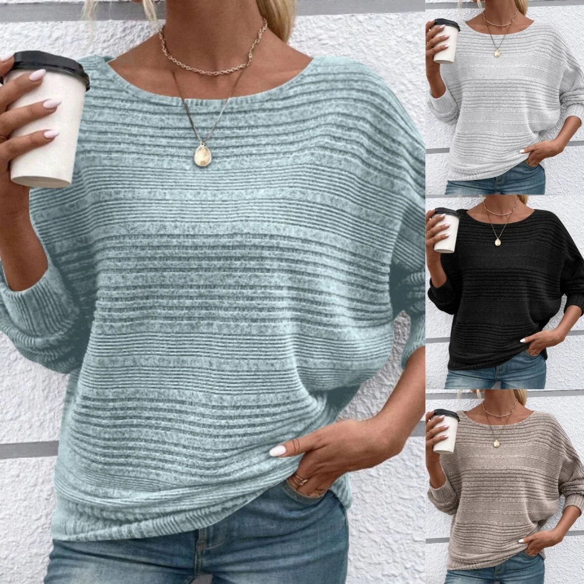 Women's Textured-Stripe Round-Neck Pullover in Light Blue – Product view | Hensley London