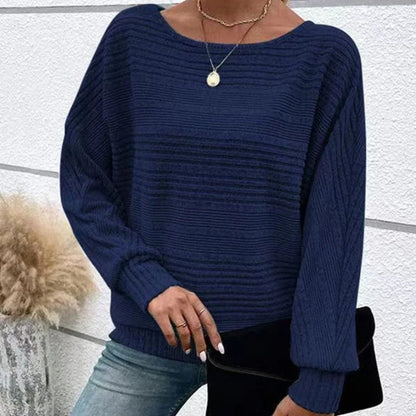 Women's Textured-Stripe Round-Neck Pullover in Dark Blue – Product view | Hensley London