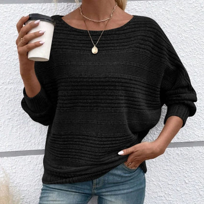 Women's Textured-Stripe Round-Neck Pullover in Black – Product view | Hensley London