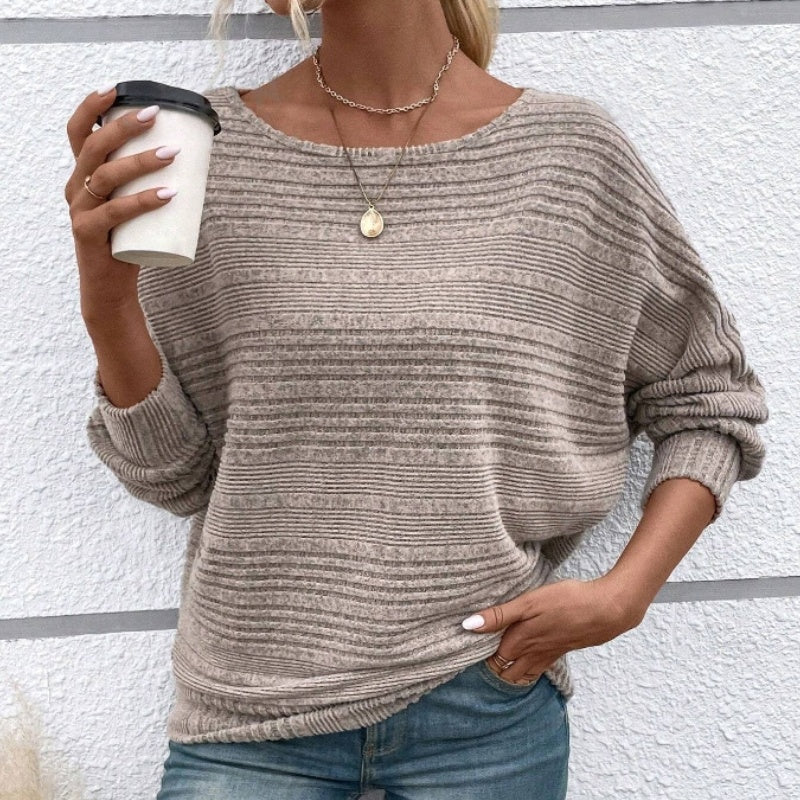 Women's Textured-Stripe Round-Neck Pullover in Khaki – Product view | Hensley London