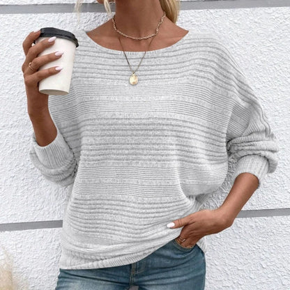 Women's Textured-Stripe Round-Neck Pullover in White – Product view | Hensley London