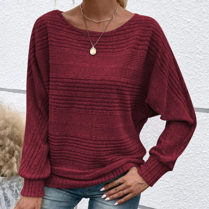 Women's Textured-Stripe Round-Neck Pullover in Wine Red – Product view | Hensley London