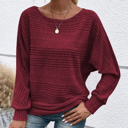 Women's Textured-Stripe Round-Neck Pullover in Wine Red – Product view | Hensley London