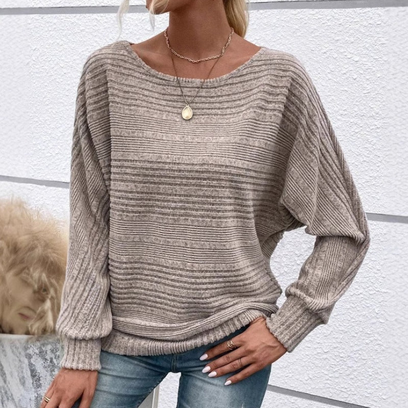 Women's Textured-Stripe Round-Neck Pullover in Khaki – Product view | Hensley London