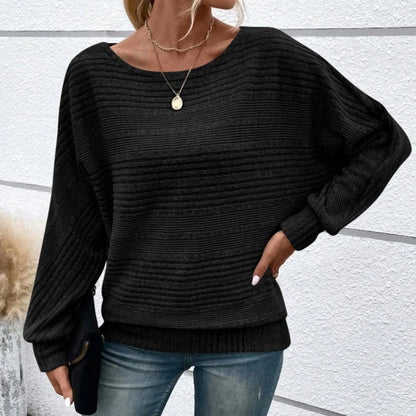Women's Textured-Stripe Round-Neck Pullover in Black – Product view | Hensley London