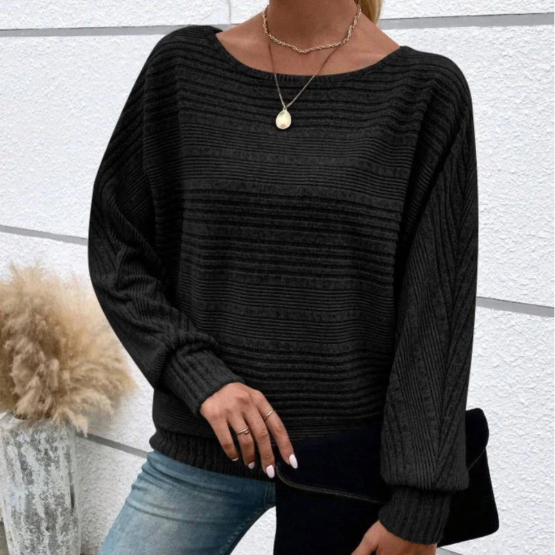 Women's Textured-Stripe Round-Neck Pullover in Black – Product view | Hensley London