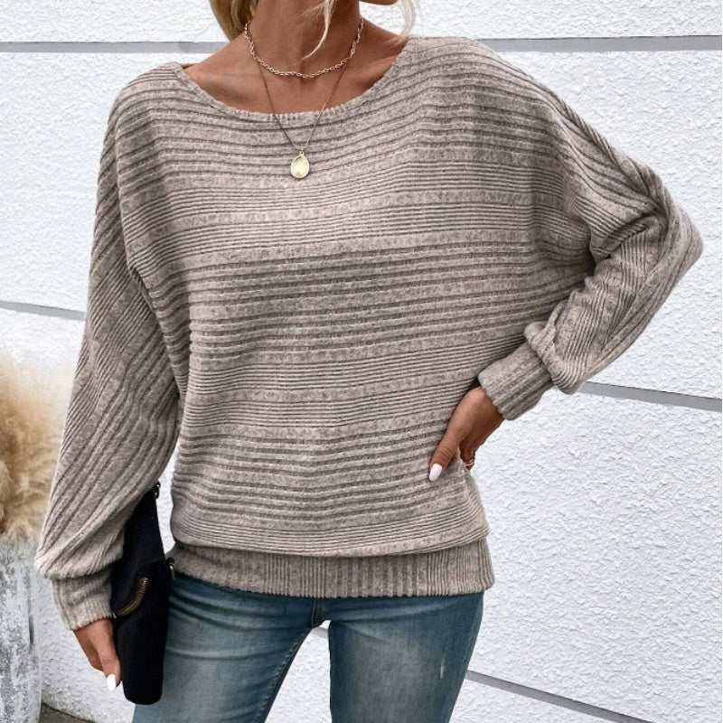 Women's Textured-Stripe Round-Neck Pullover in Khaki – Product view | Hensley London