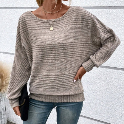 Women's Textured-Stripe Round-Neck Pullover in Khaki – Product view | Hensley London