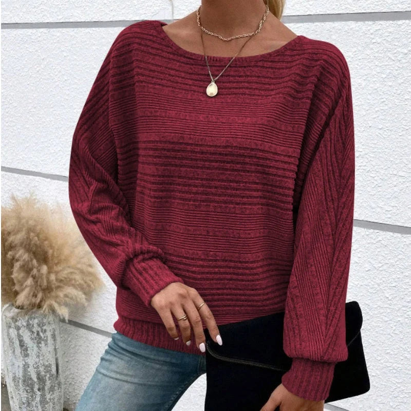 Women's Textured-Stripe Round-Neck Pullover in Wine Red – Product view | Hensley London