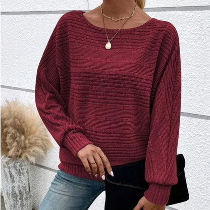 Women's Textured-Stripe Round-Neck Pullover in Wine Red – Product view | Hensley London