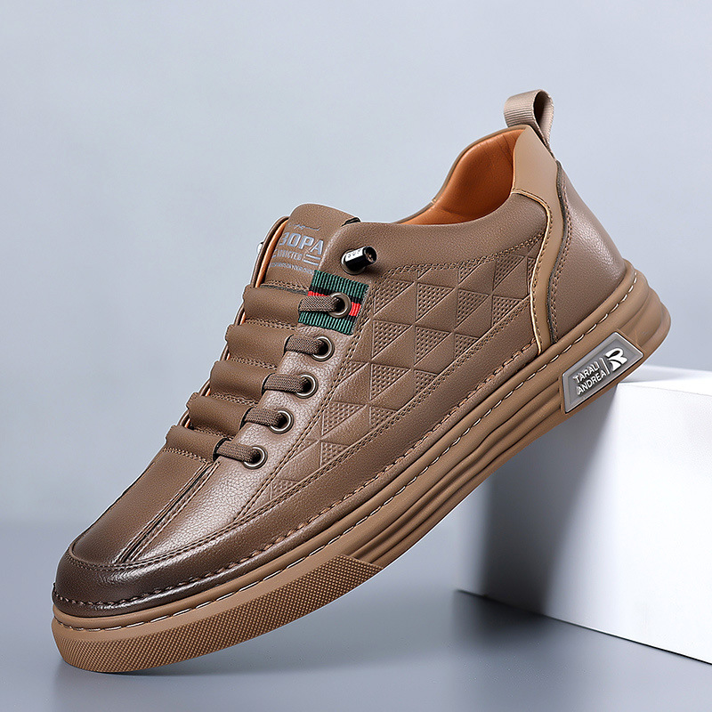 Men's Genuine Leather Cushioned Low-Top Sneakers in Brown – front view | Hensley London