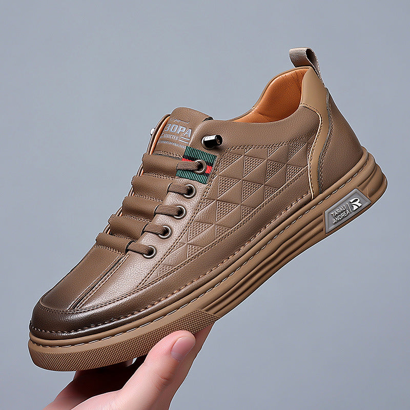 Men's Genuine Leather Cushioned Low-Top Sneakers in Brown – side view | Hensley London