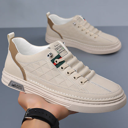 Men's Genuine Leather Cushioned Low-Top Sneakers in White – front view | Hensley London