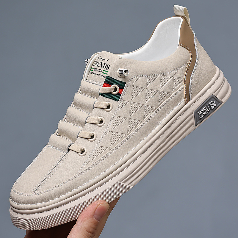 Men's Genuine Leather Cushioned Low-Top Sneakers in White – side view | Hensley London