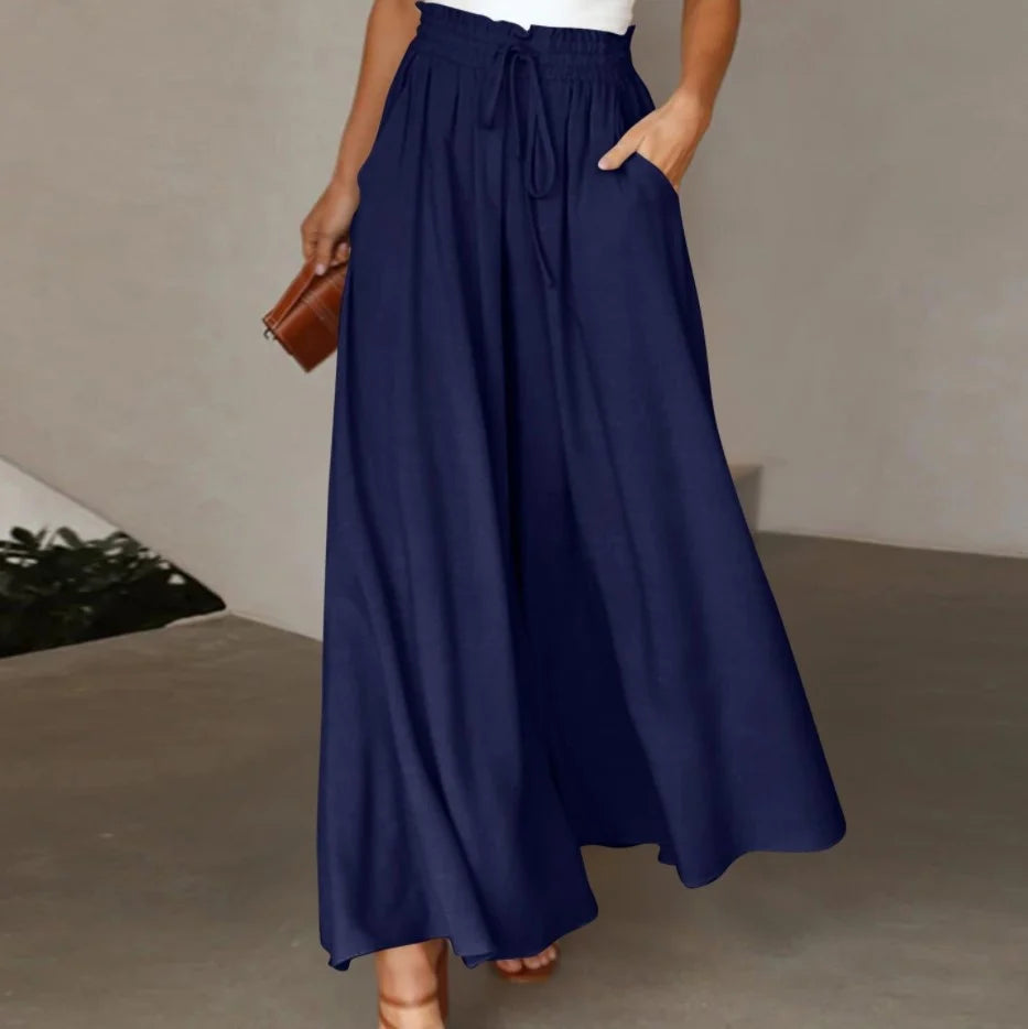Women's High-Waist Wide-Leg Drawstring Trousers in Navy – Product view | Hensley London