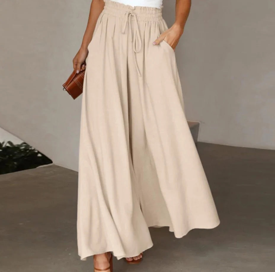 Women's High-Waist Wide-Leg Drawstring Trousers in Apricot – Product view | Hensley London