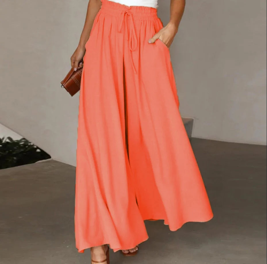 Women's High-Waist Wide-Leg Drawstring Trousers in Orange – Product view | Hensley London