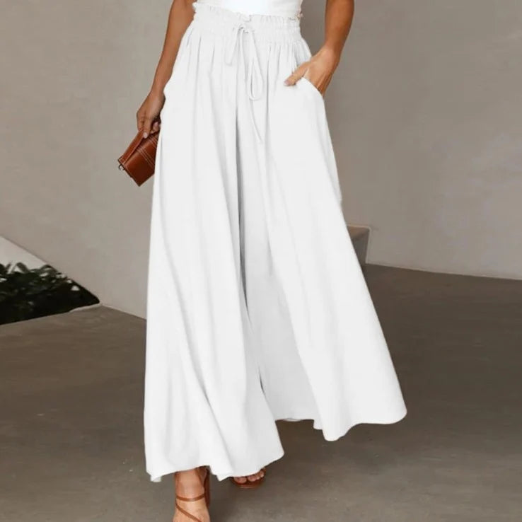 Women's High-Waist Wide-Leg Drawstring Trousers in White – Product view | Hensley London