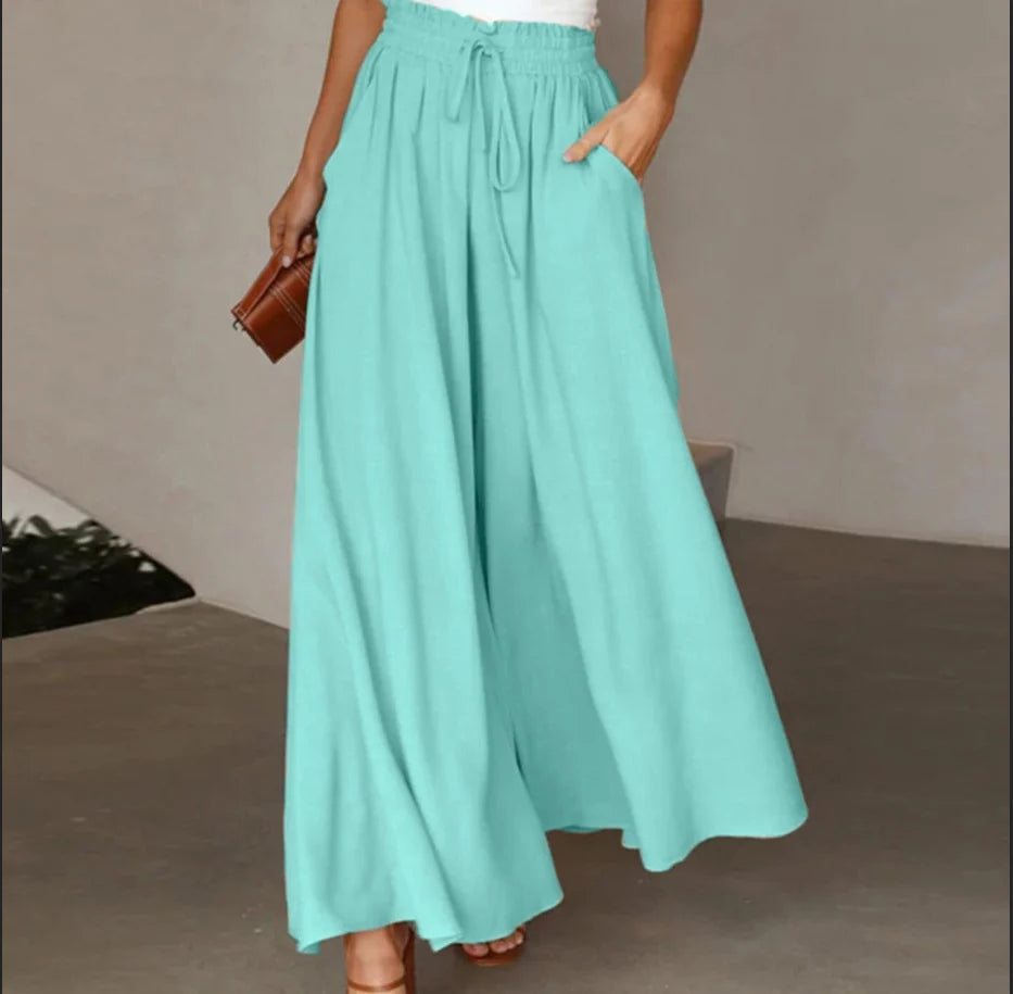 Women's High-Waist Wide-Leg Drawstring Trousers in Green – Product view | Hensley London