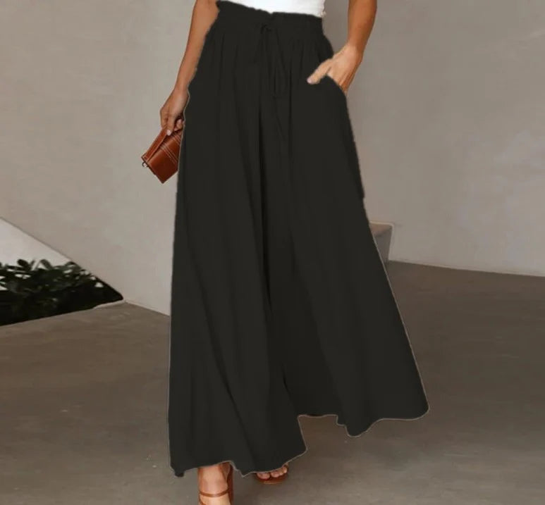 Women's High-Waist Wide-Leg Drawstring Trousers in Black – Product view | Hensley London