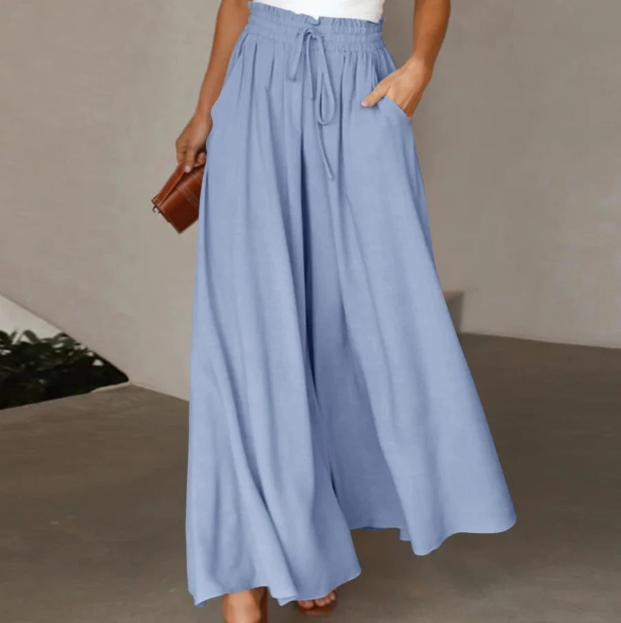Women's High-Waist Wide-Leg Drawstring Trousers in Blue – Product view | Hensley London