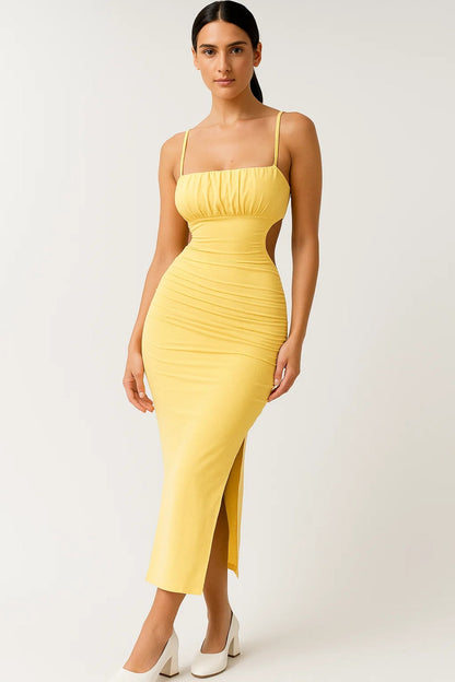 Women's Summer Bodycon Midi Dress Yellow Stretch Fabric - 1