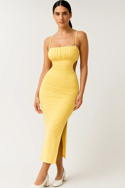 Women's Summer Bodycon Midi Dress Yellow Stretch Fabric - 1