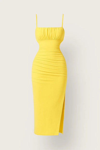Women's Summer Bodycon Midi Dress Yellow Stretch Fabric - 3