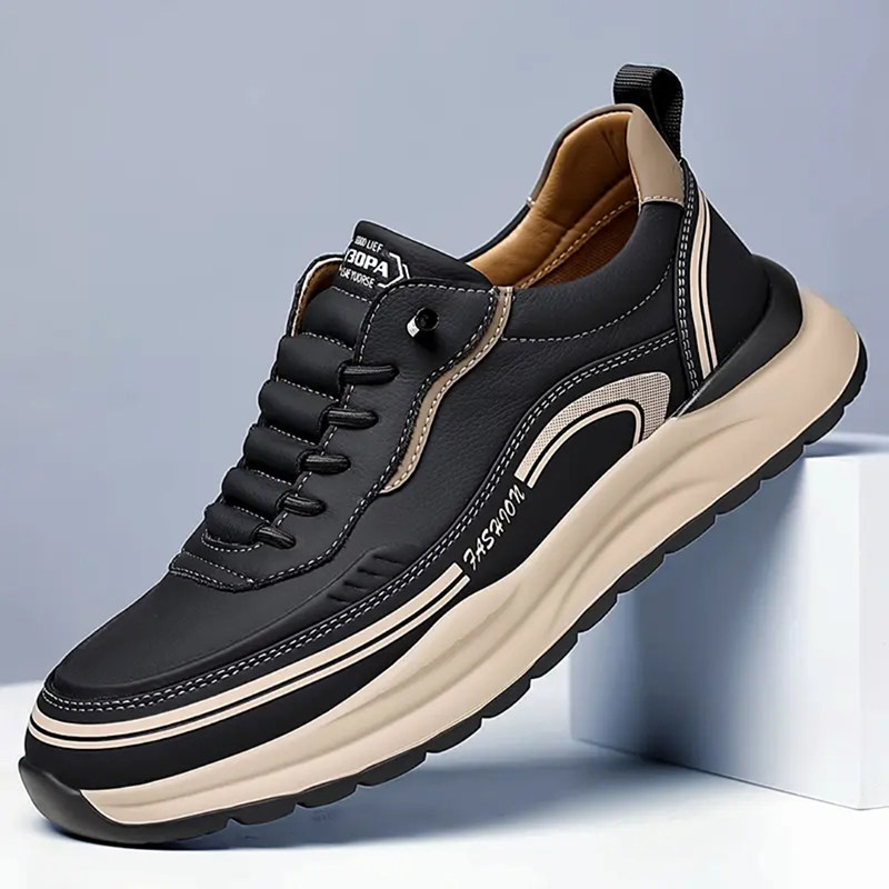 Men's Premium Leather Low-Top Sneakers in Black – product view | Hensley London