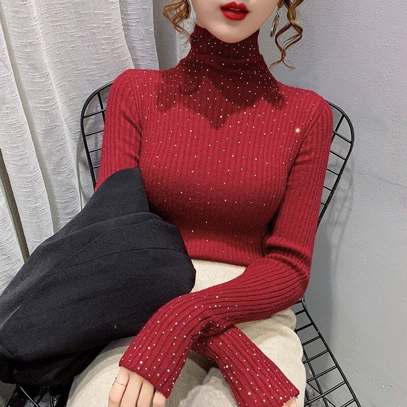 Sparkling Rhinestone Knitted Turtleneck Pullover Sweaters 7