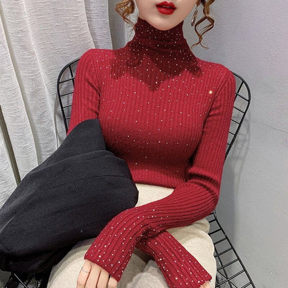 Sparkling Rhinestone Knitted Turtleneck Pullover Sweaters 7