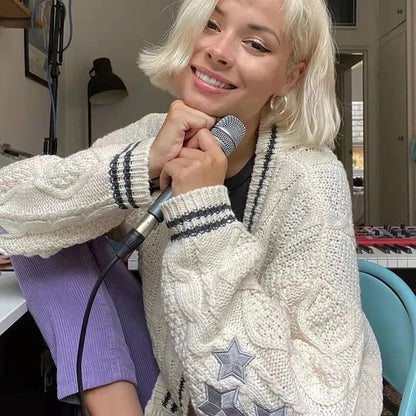 Star Embroidered Knitted Cardigan Sweater 1