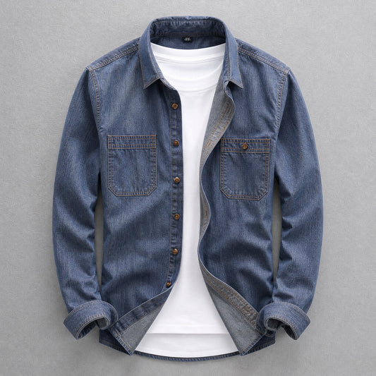 Men's Washed Denim Button-Up Shirt – product view | Hensley London