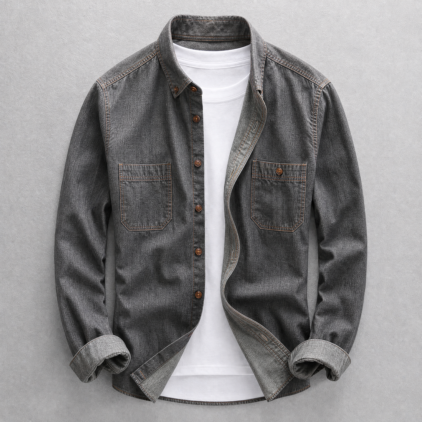 Men's Washed Denim Button-Up Shirt – product view | Hensley London