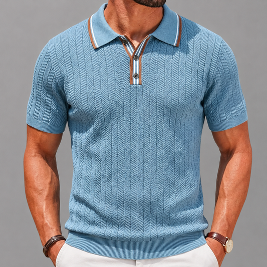 Men's Textured Knit Polo Shirt in Royal Blue – front view | Hensley London