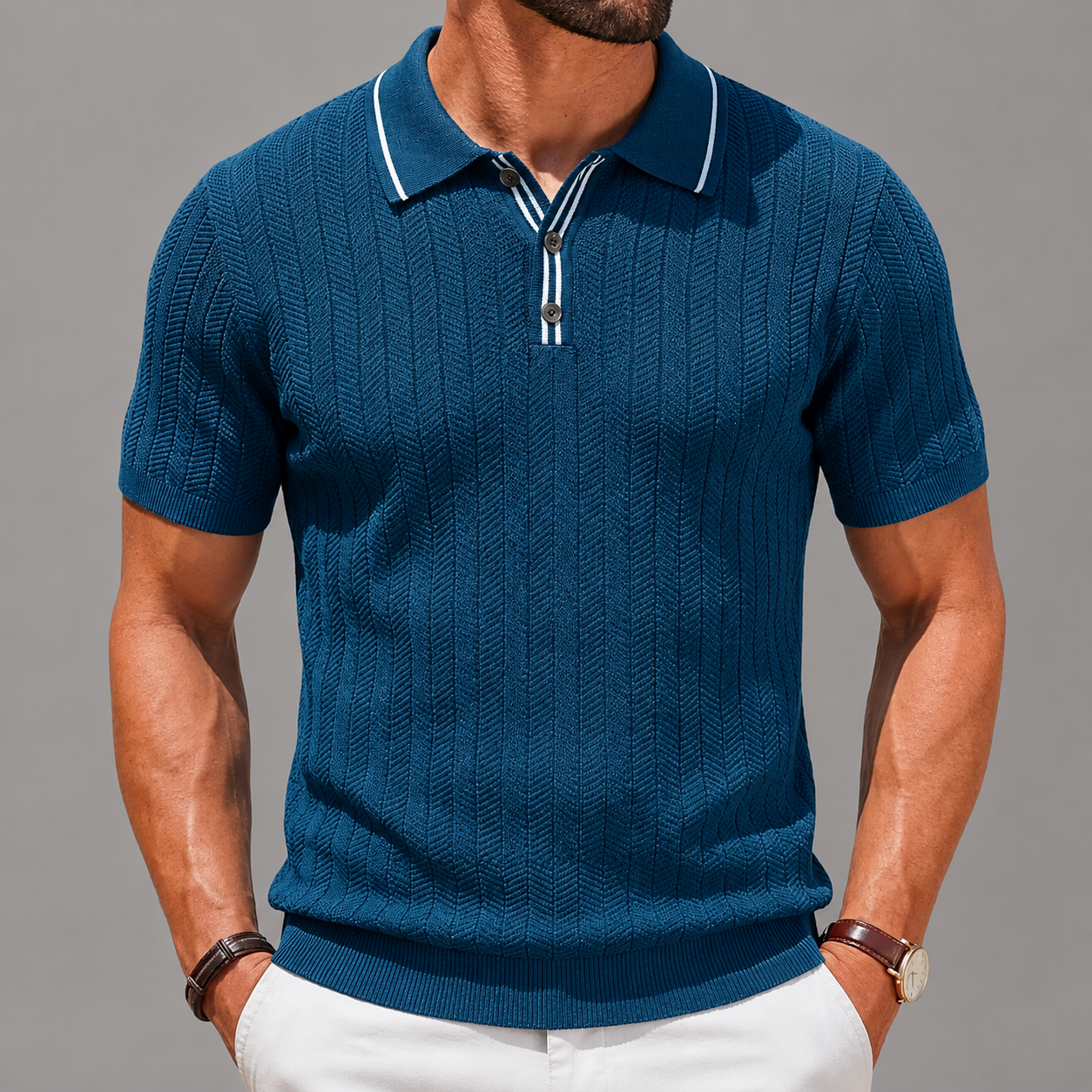 Men's Textured Knit Polo Shirt in Light Blue – front view | Hensley London