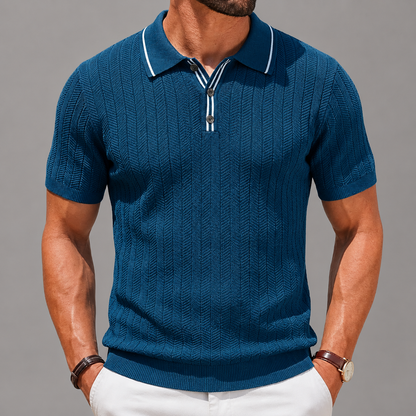 Men's Textured Knit Polo Shirt in Light Blue – front view | Hensley London