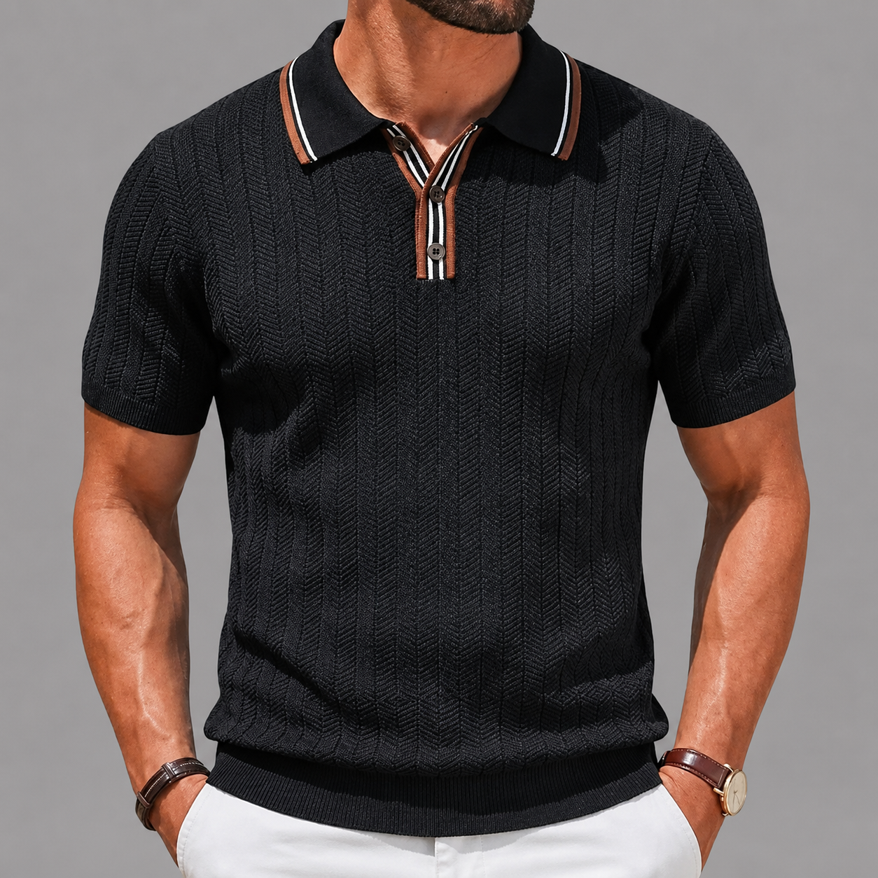 Men's Textured Knit Polo Shirt in Black – front view | Hensley London